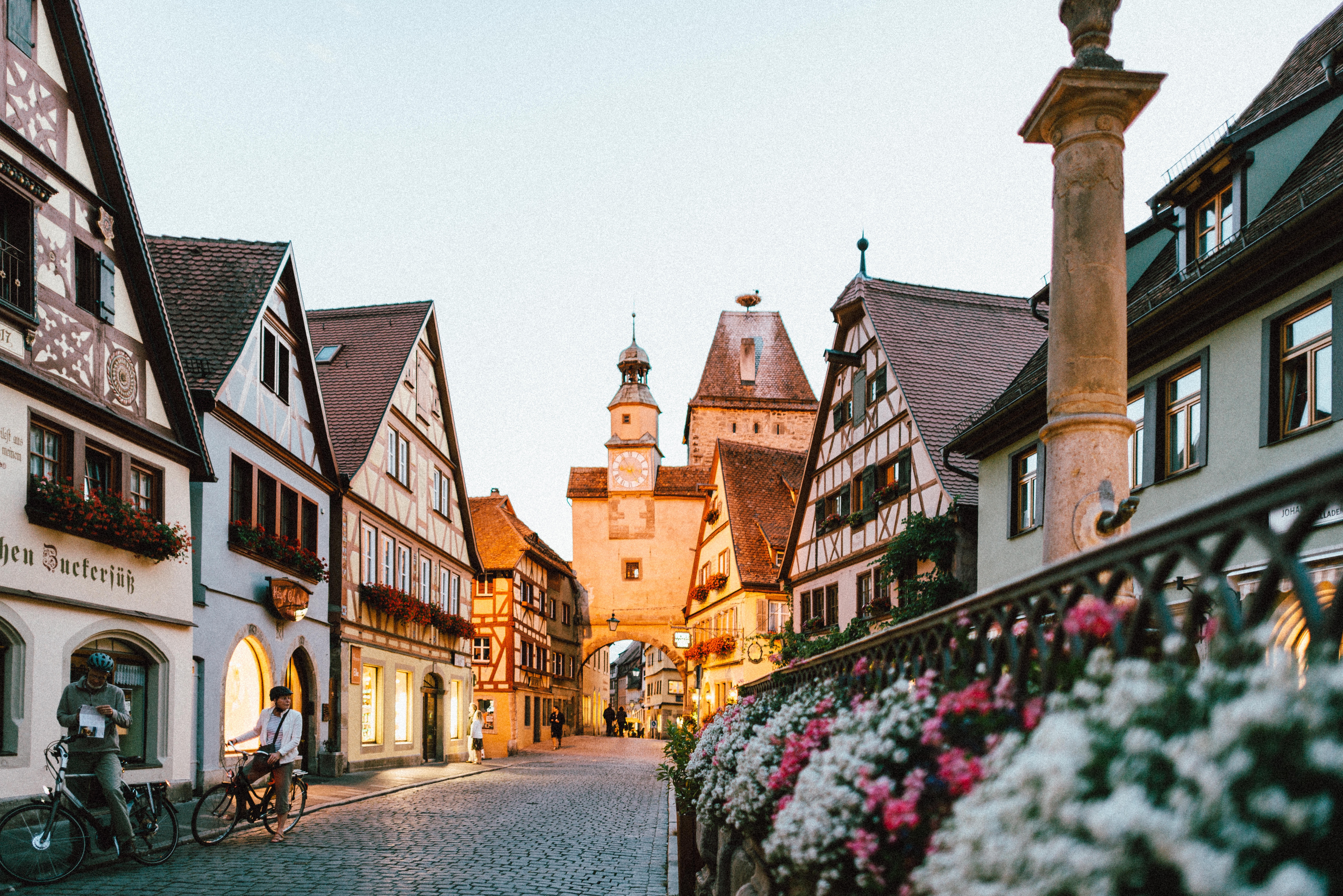 A german village street with Tudor homes at sunset